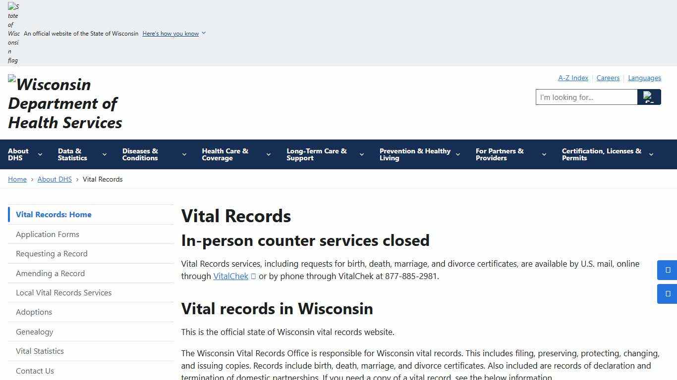 Vital Records Wisconsin Department of Health Services